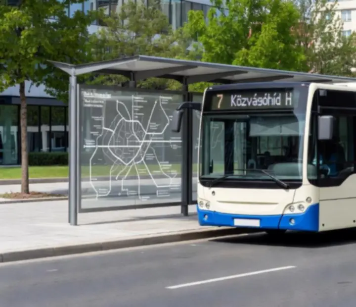 Alap városi busz utcai környezetben, buszmegállóhoz érkezve