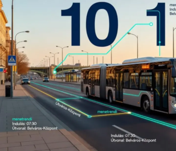 Városi busz nagyvárosi háttérrel, kiemelt útvonalszámokkal és térképi grafikával
