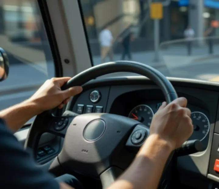 Buszvezető keze a kormányon a városi forgalomban, műszerfal kijelzőkkel