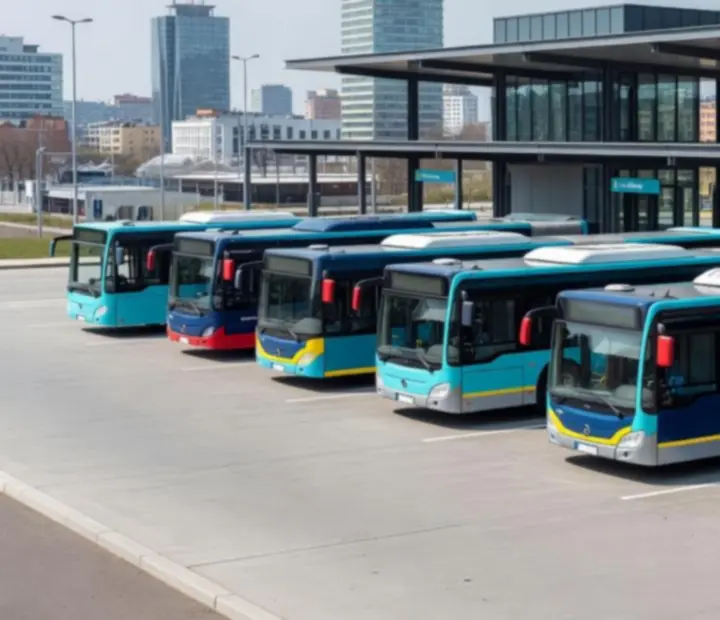 Modern városi buszflotta Bus Simulator 2025 környezetben, depóban felsorakoztatva