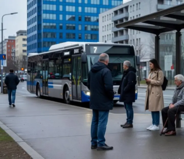 Modern városi buszmegálló peron, részletes kijelzőkkel és várakozó utasokkal