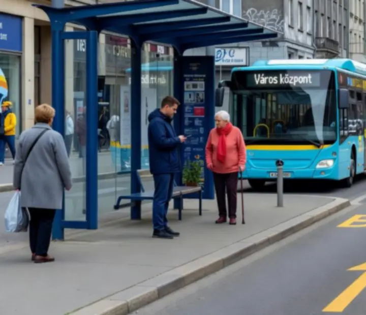 Modern, fedett buszmegálló városi utcán várakozó utasokkal.