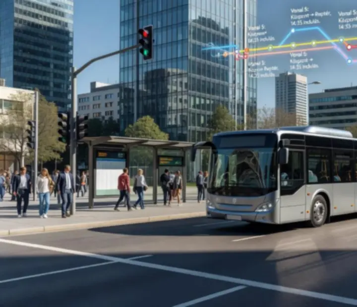 Modern városi busz egy forgalmas, 3D-s nagyvárosi kereszteződésben, buszmegállókkal és gyalogosokkal