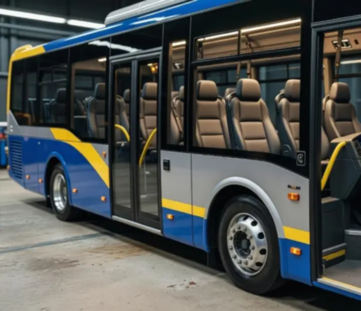 Városi buszmodell külső és belső 3D nézettel, részletes utastérrel