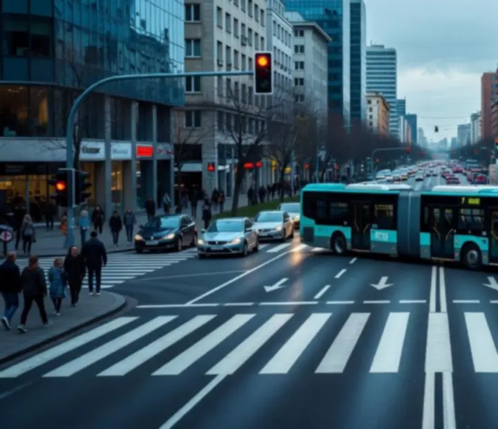 Modern 3D városi környezet buszokkal, toronyházakkal, forgalmi lámpákkal és gyalogátkelőkkel