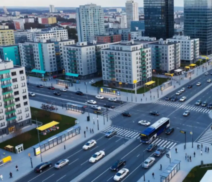 Légi nézet egy modern, forgalmas városról buszútvonalakkal kiemelve a Bus Simulator 2025: City Bus világában.