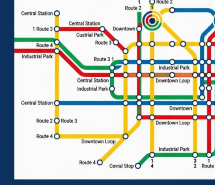 Stilizált városi útvonal térkép buszmegállókkal és útvonal-diagrammal