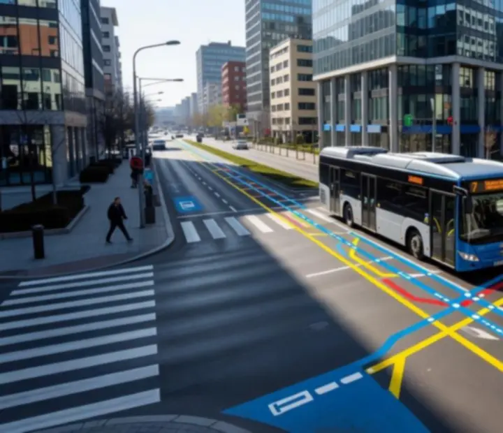 Buszjárat szakasz egy modern városi útvonalon belvárosi és külvárosi környezettel