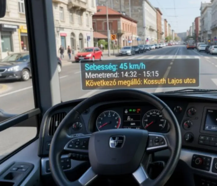 Buszvezetői nézet műszerfallal, HUD elemekkel és városi úttal