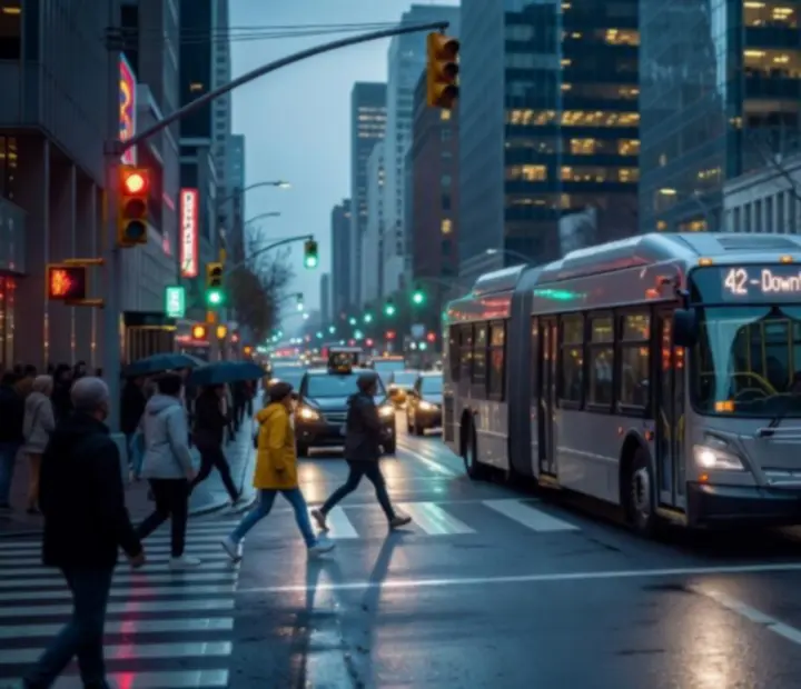 Városi kereszteződés buszokkal, autókkal és gyalogosokkal a Bus Simulator 2025 dinamikus forgalmában.