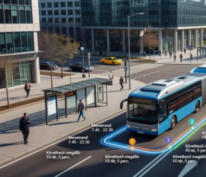 Modern városi busz 3D metropoliszban, forgalmas kereszteződésekkel és buszmegállókkal