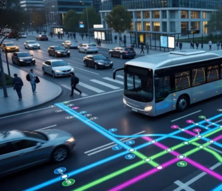 Városi busz halad át egy modern 3D városban, forgalommal, gyalogosokkal és buszmegállókkal, stilizált útvonallal és menetrend-elemekkel