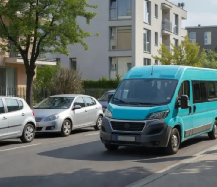 Kis méretű minibusz szűk lakóövezeti utcában, helyi megálló előtt