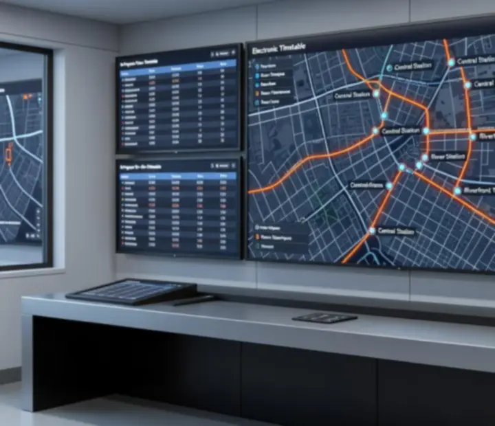 Városi küldetés-irányítópult menetrend-kijelzővel és buszútvonal-térképpel a Bus Simulator 2025-ben.