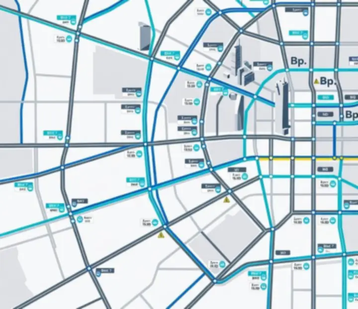Stilizált várostérkép Bus Simulator 2025 nyílt világához, kiemelt buszútvonalakkal és csomópontokkal