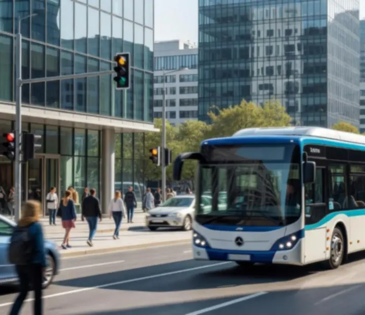 Modern városi busz a Bus Simulator 2025-ben, nagyvárosi kereszteződésnél