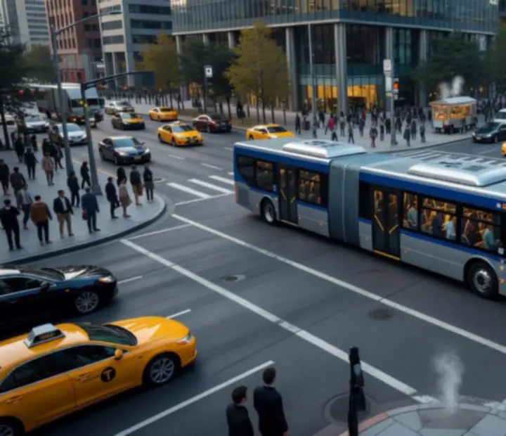 Busz a Bus Simulator 2025-ben zsúfolt városi kereszteződésben