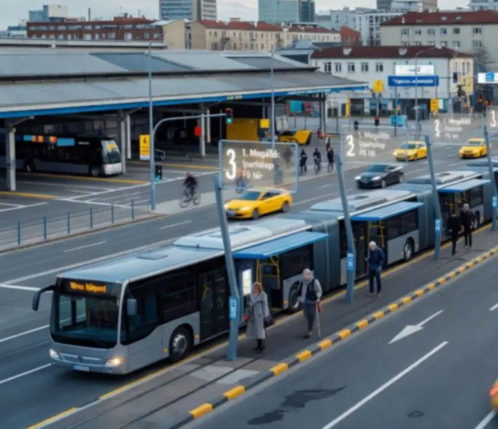 Modern városi busz teljes útvonala depótól a célállomásig városi térképen ábrázolva