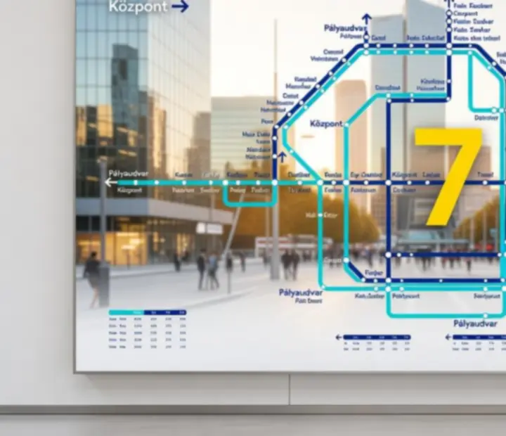 Magazin-stílusú grafika a legjobb 10 városi buszútvonalról térképre rajzolt vonalakkal.