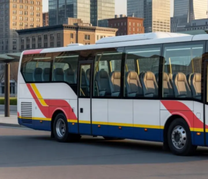 Turistabusz városi panoráma előtt, kényelmes ülésekkel és nagy csomagtérrel