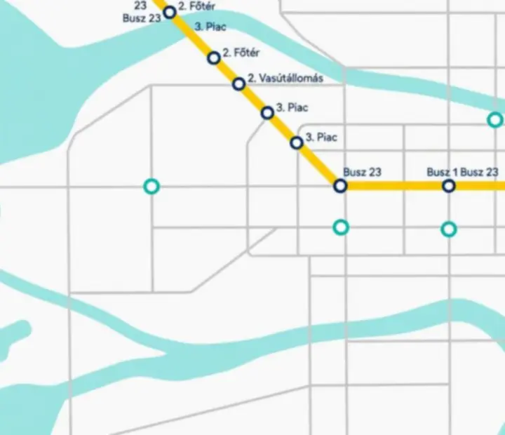 Metrótérkép-szerű buszútvonal-diagram megállókkal és csomópontokkal